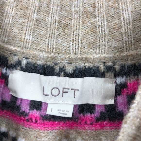 LOFT Womens L Brown Pink Fair Isle Sweater Dress Mock Neck Stretch Long Sleeve - Picture 3 of 6